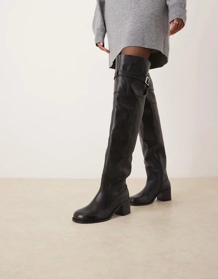 ДИЗАЙНЕРСКИЕ черные сапоги выше колена из кожи на каблуке ASOS DESIGN black