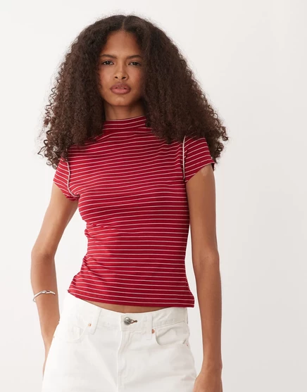 Женский топ ASOS Design в рубчик со стойкой и видимыми швами, красно-белая