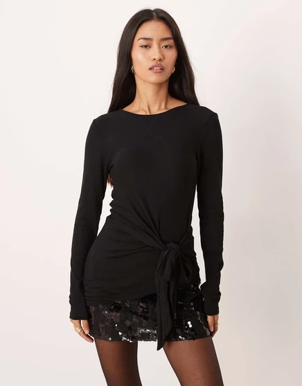 Черный топ из трикотажа Gina с асимметричным галстуком и длинными рукавами black