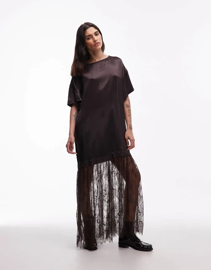 ДИЗАЙНЕРСКОЕ платье макси-гибрид атласной футболки ASOS DESIGN с кружевной юбкой темно-шоколадного цвета deep chocolate