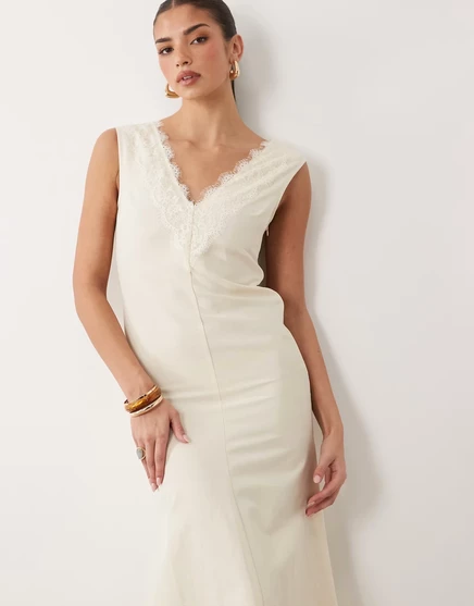 Женское миди-платье ASOS Design льняное с кружевом, бежевое