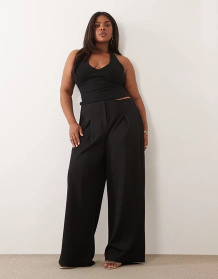 Облегающие широкие брюки ASOS DESIGN Curve из саржи с напуском черного цвета black
