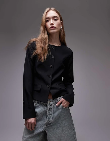 Женский пиджак Topshop без воротника, круглый вырез, черный