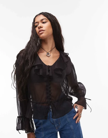 Черный топ с завязкой спереди и прозрачными рюшами от Topshop  black