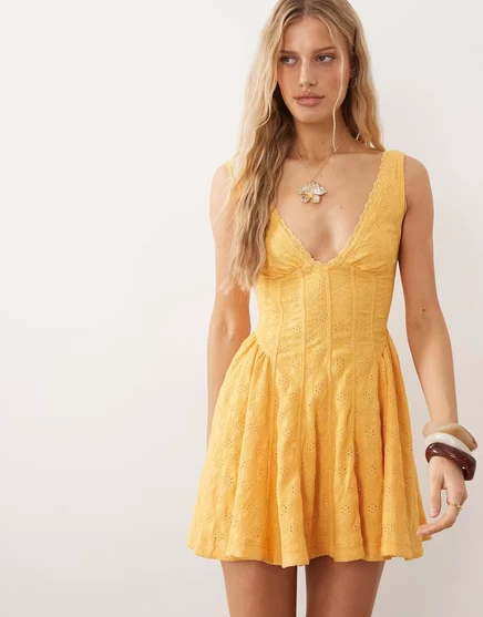 Мини-платье в стиле корсета Free People с v-образным вырезом желтого и золотисто-абрикосового цветов