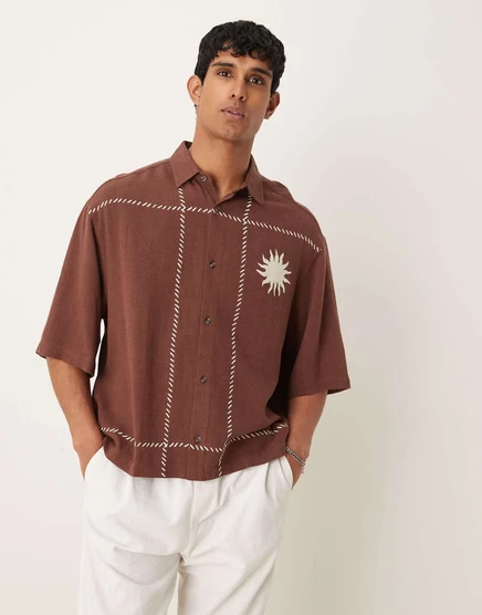 Роскошная льняная рубашка оверсайз премиум-класса от ASOS DESIGN с вышивкой коричневого цвета brown