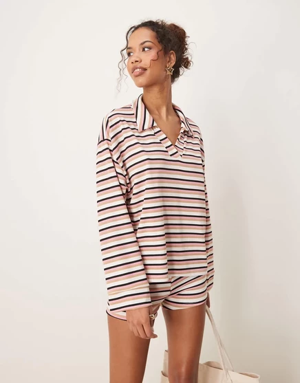 Дизайнерский топ ASOS с длинным рукавом и воротником-регби в розовую полоску - часть комплекта pink stripe