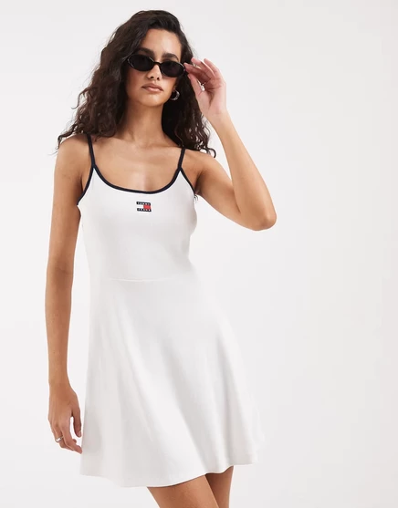 Женское мини-платье Tommy Jeans с логотипом и тонкими бретелями, экрю