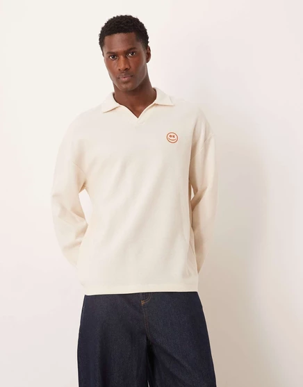 Лонгслив ASOS DESIGN оверсайз из плотной вафельной ткани с вышивкой, кремового цвета coconut milk
