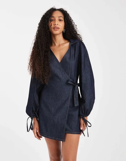 Джинсовое мини-платье ASOS DESIGN с рукавами-фонариками rinse wash