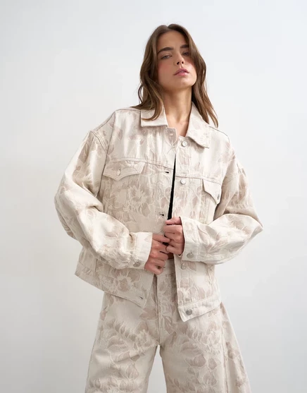 Женская джинсовая куртка-баллон TopShop жаккардовая с цветочным узором, экрю