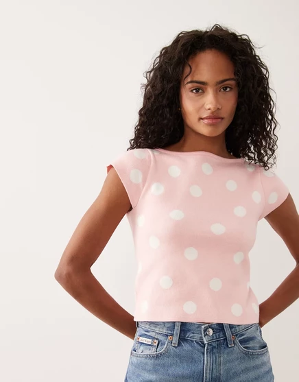 ДИЗАЙНЕРСКИЙ топ ASOS из тонкой вязки с вырезом лодочкой в розовый горошек pink polka dot