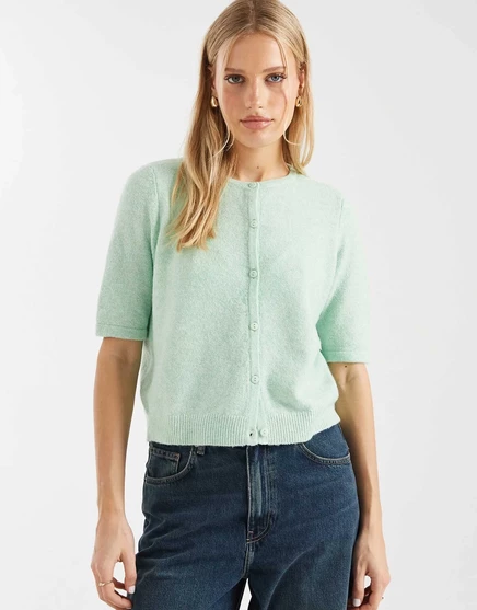 Вязаный кардиган Vero Moda с круглым вырезом и коротким рукавом цвета птичьего яйца зеленого цвета birds egg green