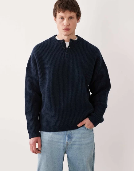ДИЗАЙНЕРСКИЙ свитер henley extreme oversize из трикотажа ASOS DESIGN темно-синего цвета