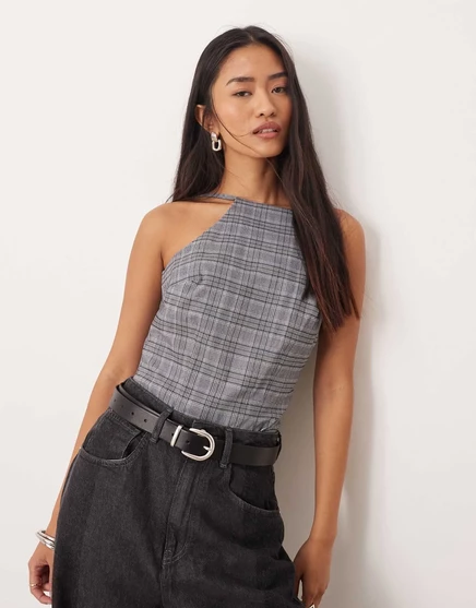 Облегающее боди с квадратным вырезом от ASOS DESIGN в однотонную клетку mono check
