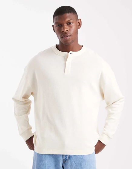 Футболка Jack &Jones из вафельного трикотажа оверсайз с длинным рукавом и круглым вырезом henley белоснежного цвета antique white