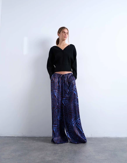 Широкие атласные брюки Topshop с синим и бордовым принтом burgundy and blue