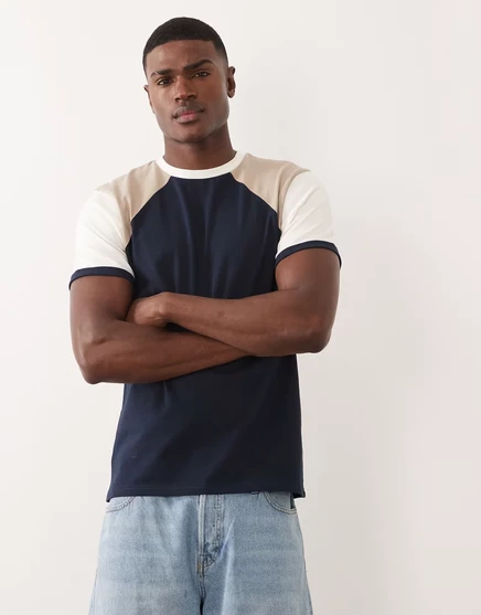 Мужская футболка ASOS Design реглан с контрастными вставками, темно-синяя