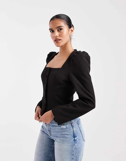 Сшитый на заказ черный топ с пышными рукавами и воротником Miss Selfridge black