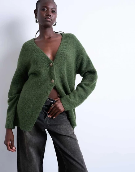 Легкий удлиненный кардиган Topshop knit зеленого цвета хаки khaki