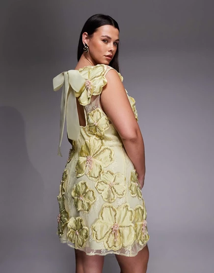Мини-платье ASOS LUXE Curve, украшенное 3D-цветочным кружевом с искусственным жемчугом в виде капли, желтое, yellow