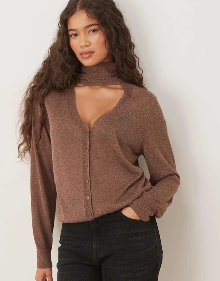 Кардиган тонкой вязки Mango коричневого цвета с завязкой на шее brown