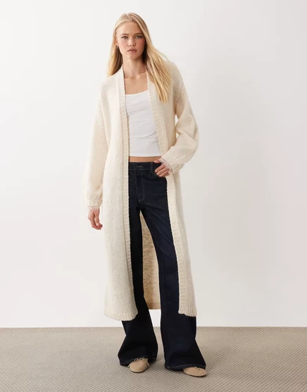 Miss Selfridge maxi-length cardigan with lace cuff detailing in oatmeal oatmeal