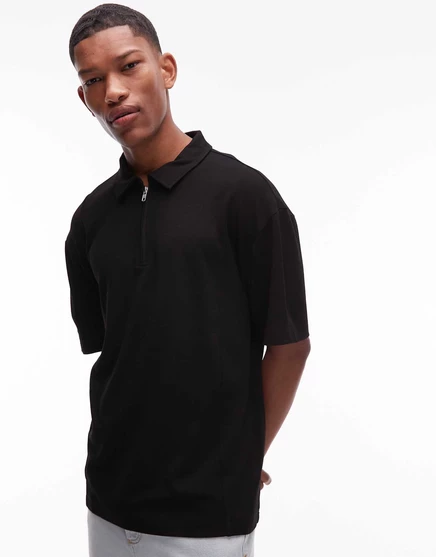 Черное поло премиум-класса Topman oversize fit с планкой на молнии black