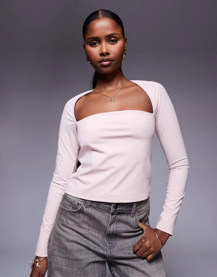 Топ с длинными рукавами и округлым вырезом груди от ASOS DESIGN в нежно-розовом цвете baby pink