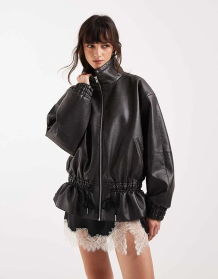 Женская куртка TopShop под кожу с воротником-трубой и кулиской на талии, черная