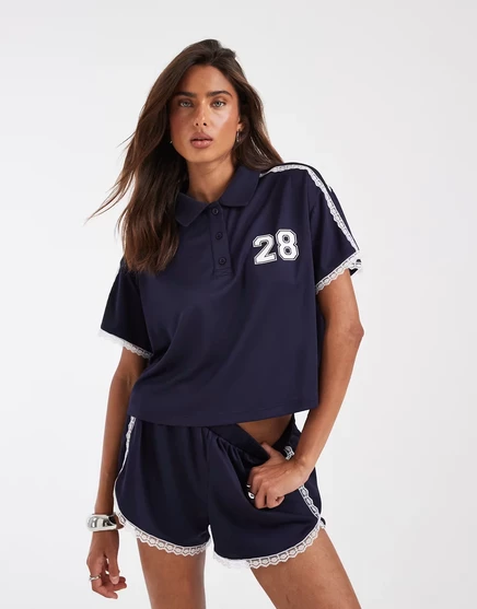 Женское поло ASOS Design с кружевом, тёмно-синее