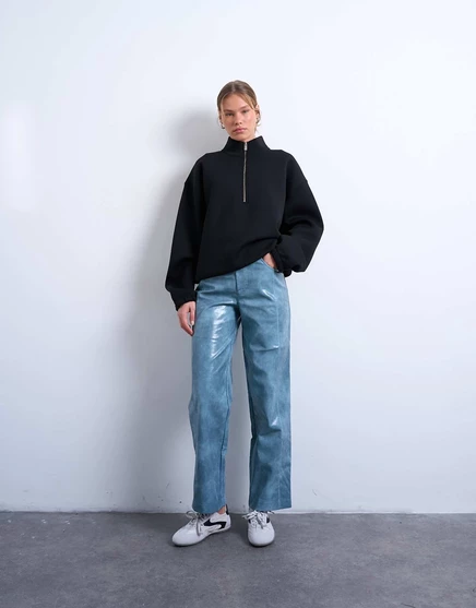 Широкие брюки из искусственной кожи Topshop с блестящими накладными карманами темно-синего цвета navy
