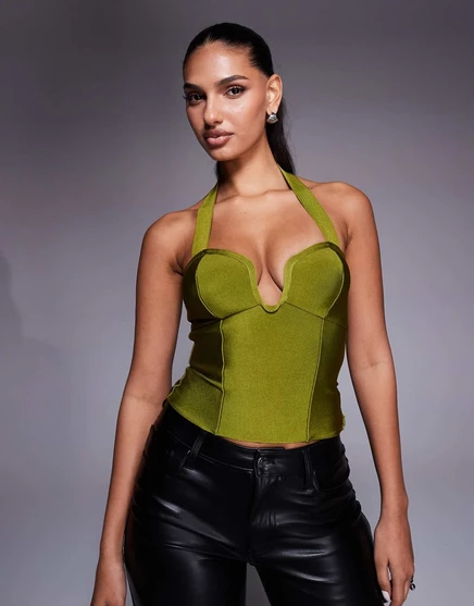 ДИЗАЙНЕРСКИЙ бандажный топ на бретелях ASOS с круглым вырезом горловины зеленого цвета green