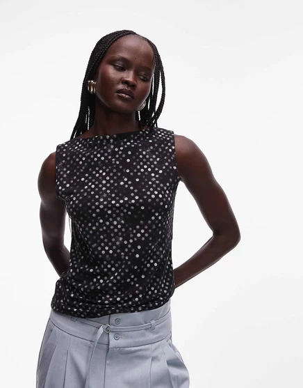 Сетчатый топ Weekday Annie с вырезом лодочкой в черный горошек black polka dot