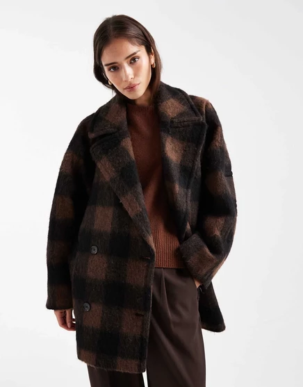 Пальто в горошек из высококачественной полушерстяной ткани ASOS DESIGN в черно-коричневую полоску black & brown check