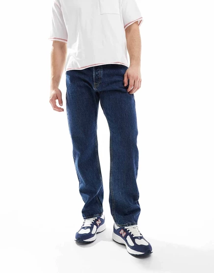 Прямые джинсы Jack &Jones Chris темно-синего цвета с эффектом стирки  blue denim