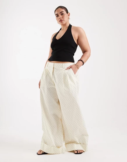 Широкие брюки ASOS DESIGN Curve с манжетами в желтый горошек - часть комплекта