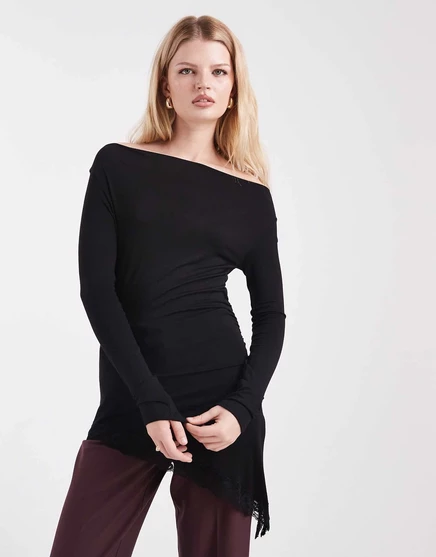 Облегающий асимметричный топ Miss Selfridge с кружевной отделкой black