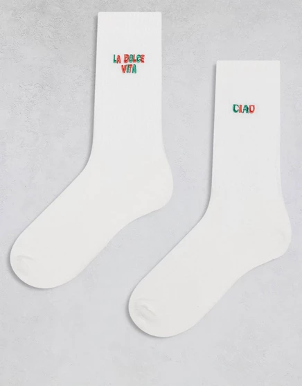 ДИЗАЙНЕРСКИЕ носки ASOS DESIGN из 2 упаковок с рисунками Ciao и La Dolce Vita цвета экрю ecru