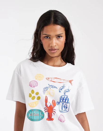 Футболка PIECES oversize с морским рисунком белого цвета white