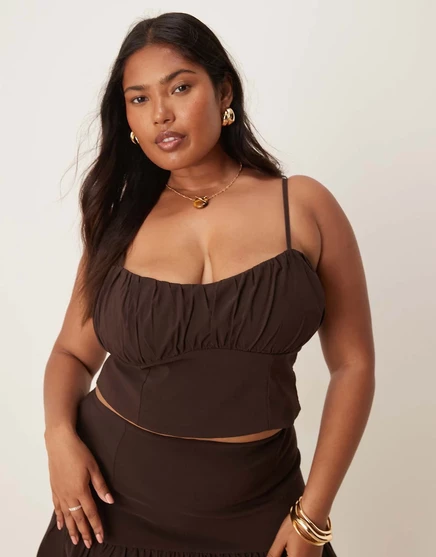 Топ на бретелях из бенгалинового корсета ASOS DESIGN Curve с оборками на груди шоколадного цвета - часть комплекта chocolate