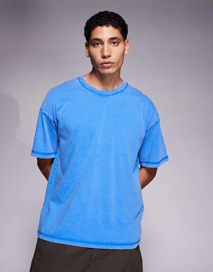 Футболка ADPT oversize синего цвета с эффектом потертости strong blue