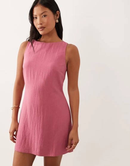 Миниатюрное платье-сорочка из льняной смеси Miss Selfridge малинового цвета