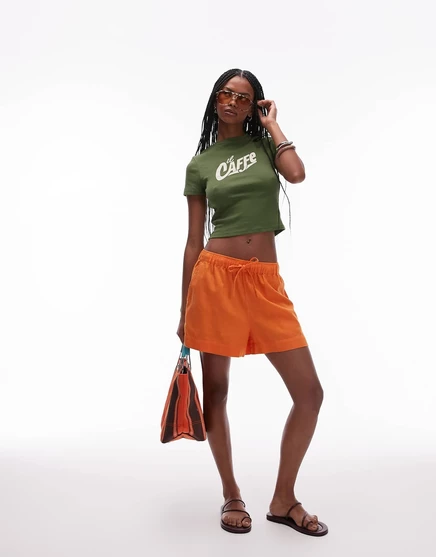 Шорты из льняной смеси Topshop с высокой посадкой и шнурком оранжевого цвета orange