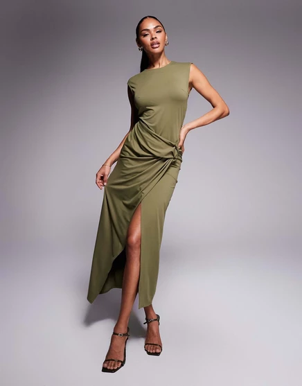 Платье миди ASOS DESIGN с вырезом-лодочкой цвета хаки khaki