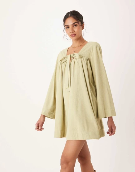Зимнее мини-платье-халат ASOS DESIGN с завязкой на шнурке спереди зеленого цвета васаби sage green