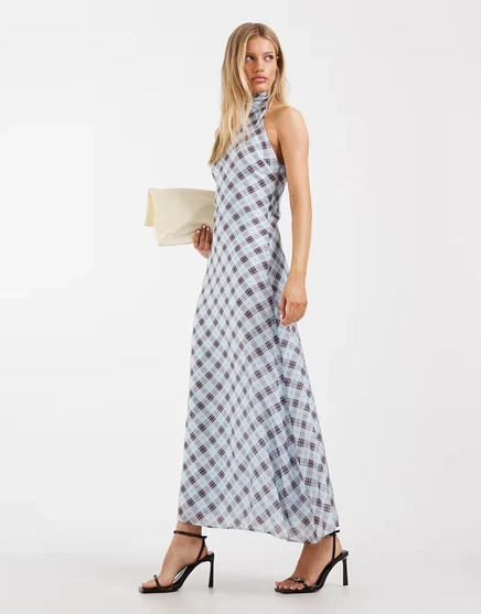Женское макси-платье ASOS Design халтер шифон, в голубую клетку