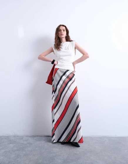 Длинная макси-юбка Topshop из диагонально кроеной ткани в красно-белую полоску red and white