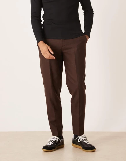 Дизайнерские зауженные брюки из смеси шерсти ASOS темно-коричневого цвета brown
