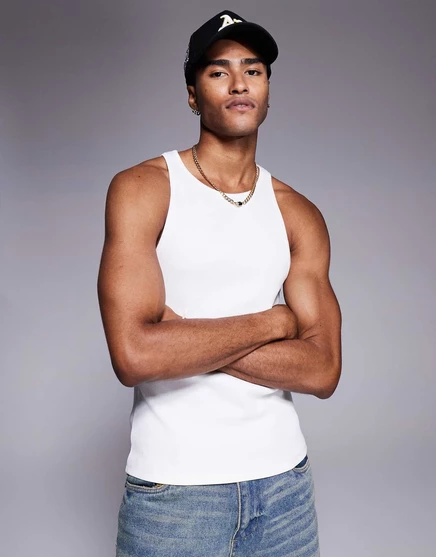 Белая майка из трикотажа в рубчик с рисунком ASOS DESIGN super heavyweight muscle fit  white